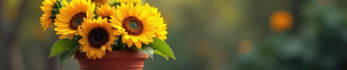 Obraz premium A vibrant bouquet of sunflowers in a rustic terracotta pot, embodying the joyful spirit of gifting life and growth , life, farmhouse, gift