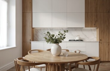 Modern minimalist kitchen, dining area features round wooden table with chairs. Natural light streams in from large window, illuminating clean lines, warm wood tones. White vase with plants sits on