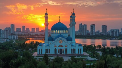 Naklejka premium Majestic Mosque at Sunset: A Breathtaking Cityscape