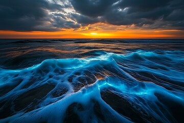 Sunset Waves Action, Water Meets Sea, Coastal Landscape, Nature Photography, Ocean Environment, Dynamic Viewpoint