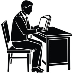 Vector silhouette of a teacher sitting at a desk, reading a book or reviewing exam papers 