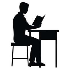Vector silhouette of a teacher sitting at a desk, reading a book or reviewing exam papers 