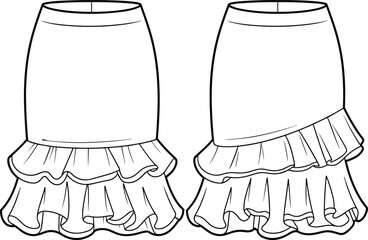 Women’s ruffle skirt fashion sketch front and back views with layered hemline, waistband detail, flared silhouette, cad drawing flat vector illustration