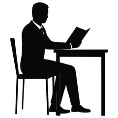 Vector silhouette of a teacher sitting at a desk, reading a book or reviewing exam papers 