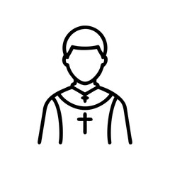 Simple graphic of a person in religious attire with a cross on their chest emblem design