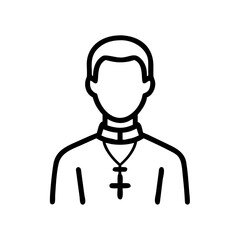 Outline drawing of a person wearing a clerical collar and a cross pendant on a chain design element