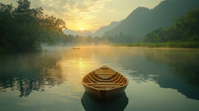 Serene Sunrise: A lone boat on a tranquil lake reflecting a breathtaking sunrise over misty mountains. A picturesque landscape of nature's tranquility. - Powered by Adobe