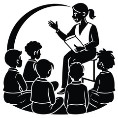 Vector silhouette of a teacher sitting beside a few students, teaching them.