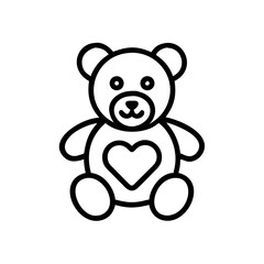 A cute teddy with a heart on its tummy sits upright in a simple black and white line drawing style