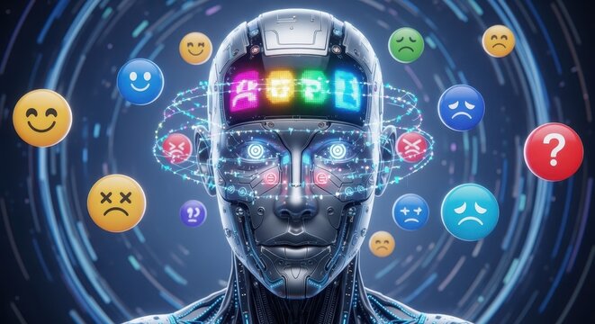 A futuristic robot with a digital face displays various emotions through glowing