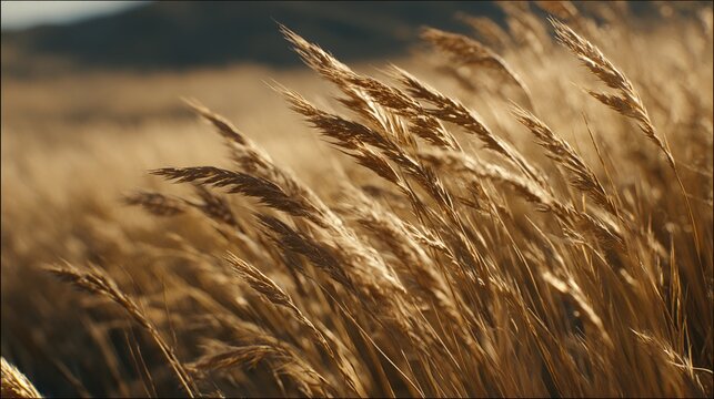 Golden grass swaying in wind, shallow focus, natural scenery, organic feel - Powered by Adobe