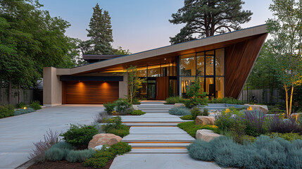 Minimalist architectural masterpiece with cantilevered roof, wood garage doors, and dramatic window design, surrounded by lush greenery luxury modern home, sustainable materials, c