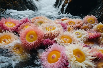 Colorful Sea Anemones in Coastal Waters, Marine Life Encounter, Rocky Shoreline, Close-up View