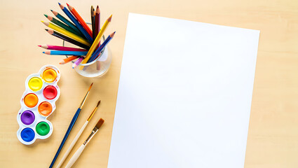 Painting supplies on wooden table with brushes pencils and colorful art materials