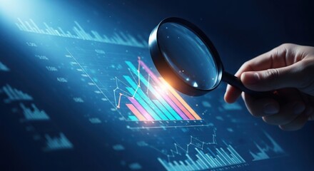 Hand holding magnifying glass over glowing digital financial chart with data analysis and growth trends on dark background