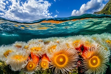 Vibrant Sea Anemones in Clear Waters, Ocean Environment, Marine Close-Up, Nature's Beauty