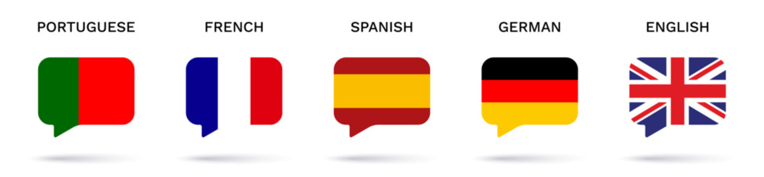 Set of five european flags speech bubbles. Portuguese, French, Spanish, German, English language concept. Vector Illustration