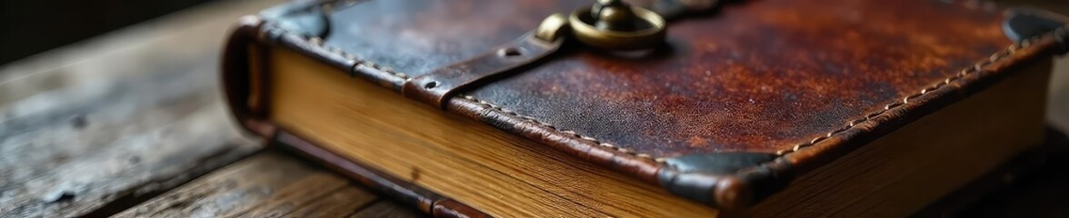 Close-up of a worn, leather-bound journal with a brass clasp, hinting at untold secrets and forgotten adventures within its aged pages , nonfiction, journal, ink