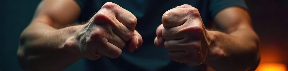 Naklejka premium Close-up of clenched fists, knuckles white, signifying intense struggle and internal conflict A powerful image representing overcoming adversity and fighting for survival , pressure, battle
