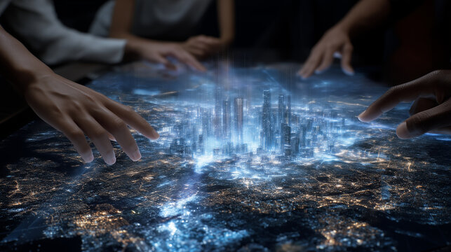 Team of architects gathered around a virtual 3D city map powered by AI, discussing design options AI collaboration, futuristic architecture, real-time planning, smart models, group
