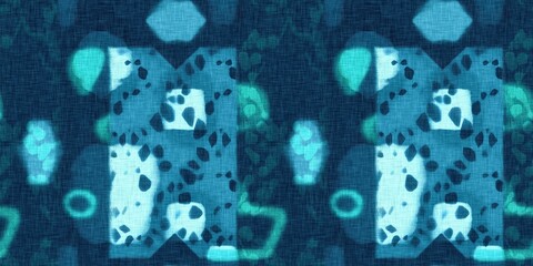 Abstract indigo blue batik dye seamless pattern, Organic bleed effect dyed wash background.