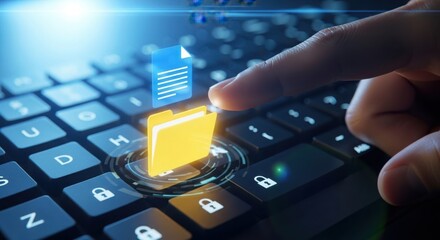 Close up of a finger pressing a glowing digital folder icon on a keyboard representing data access and organization