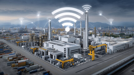 A realistic Industry 4.0 manufacturing scenario #6 featuring IoT-connected devices, smart machines, and advanced communication technologies (like 5G/6G) enabling intelligent automa