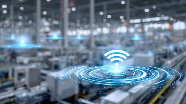 A realistic Industry 4.0 manufacturing scenario #8 featuring IoT-connected devices, smart machines, and advanced communication technologies (like 5G/6G) enabling intelligent automa