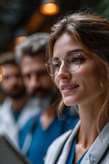 Close-up of a smiling female doctor, with two other doctors blurred in the background