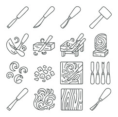 Woodworking linear icon set. containing carving tools, mallet, chisel, wood grain, and more.
