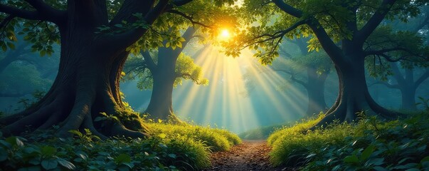 Enchanted forest scene at twilight, dappled sunlight filtering through leaves, creating a magical atmosphere Ancient trees, lush undergrowth, and a mystical ambiance , leaves, magical, undergrowth