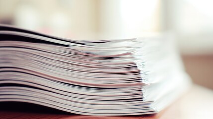 Stack of magazines resting on wood surface; soft focus background, natural light