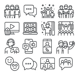 Communication linear icon set: chat, video call, selfie, gaming, group, meeting, celebration