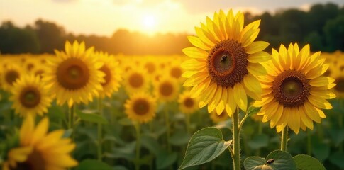 Obraz premium Golden hour sunlight bathes a lush field of ripening sunflowers, buzzing with bees, a quintessential summer harvest scene Ready for picking , bloom, hay