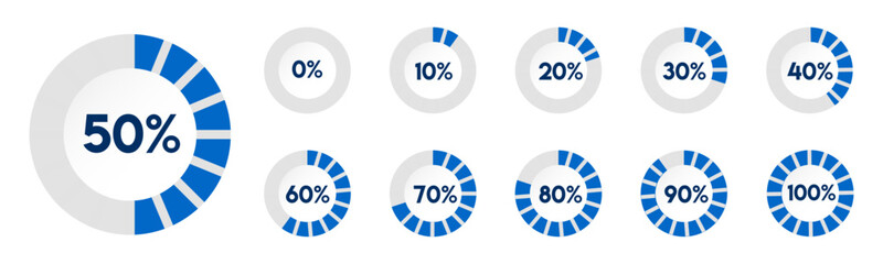 Percentage number icon set vector illustration featuring segmented blue radial pie charts displaying progress from 0% to 100%, perfect for data visualization, infographics, and loading indicators.