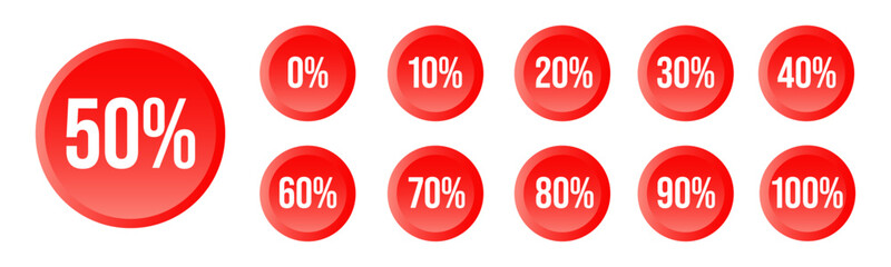 Percentage number icon set vector illustration featuring vibrant red circular buttons with white numeric values from 0% to 100%, perfect for displaying discounts, sales, and achievement badges.