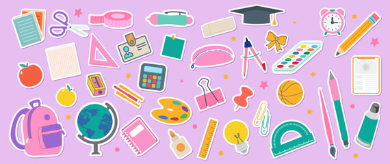 School supplies sticker set vector illustration featuring a diverse collection of colorful flat-design icons for education, art, and back to school themes, perfect for playful designs.