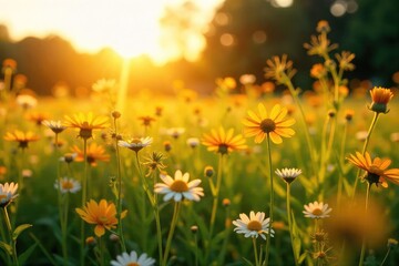 Golden hour sunlight bathes a vibrant summer field, wildflowers swaying gently in the breeze Perfect for idyllic summer, nature, and rural themes , outdoors, serenity
