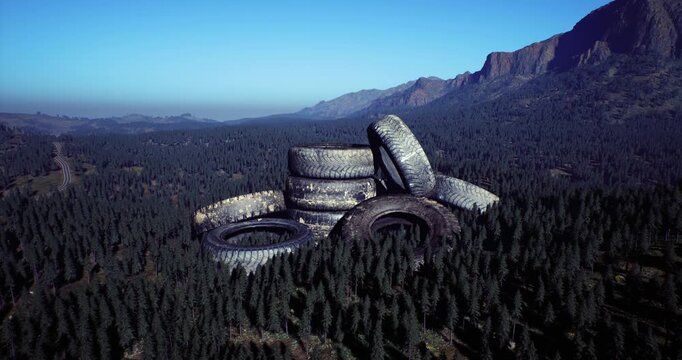 Abandoned tires lie stacked on top of one another in a forest clearing, with majestic mountains rising in the background under a clear blue sky. The serene landscape contrasts with the waste.