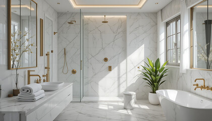 A luxurious modern bathroom featuring white marble walls and floors, a glassenclosed shower, a freestanding bathtub, and a sleek vanity with golden fixtures, bathed in natural sunlight