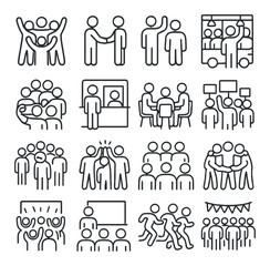 Teamwork linear icon set. featuring collaboration, meeting, discussion, leadership, support, celebration, and more.