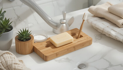 Spa essentials with bath salt and soap arranged for a relaxing wellness scene
