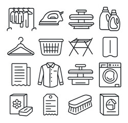 Laundry linear icon set. featuring washer, detergent, iron, hanger, clothesline, basket, more.