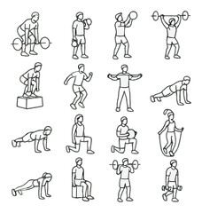 Exercise linear icon set. containing deadlift, squat, lunge, plank, rope jump, and more.