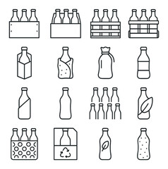 Beverage linear icon set. featuring bottles, packaging, recycling, crates, sustainability, and more.