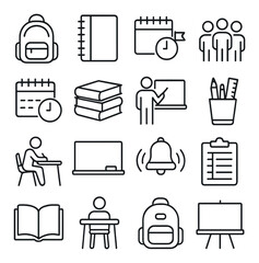 Education linear icon set: backpack, notebook, calendar, group, books, teacher, desk, laptop, bell, clipboard