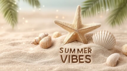 Looping animation of golden sand with scattered seashells, coconuts, and glowing starfish. Palm shadows sway slowly as light flares gently appear. In the center glowing text "SUMMER VIBES"