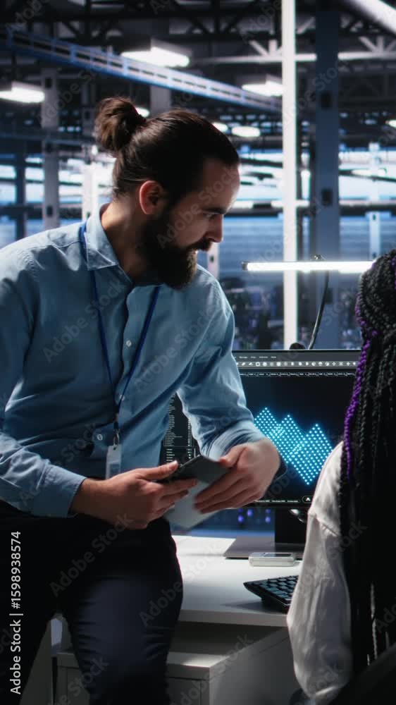 Poster vertical video data center engineering team members collaborating on neural network software develop