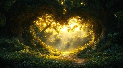 Obraz premium Heart Shaped Forest Path: A Magical Sunrise