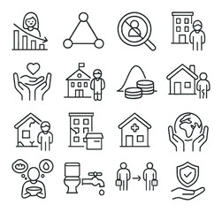 Charity linear icon set. containing donation, volunteer, community, support, shelter, education, healthcare, environment.